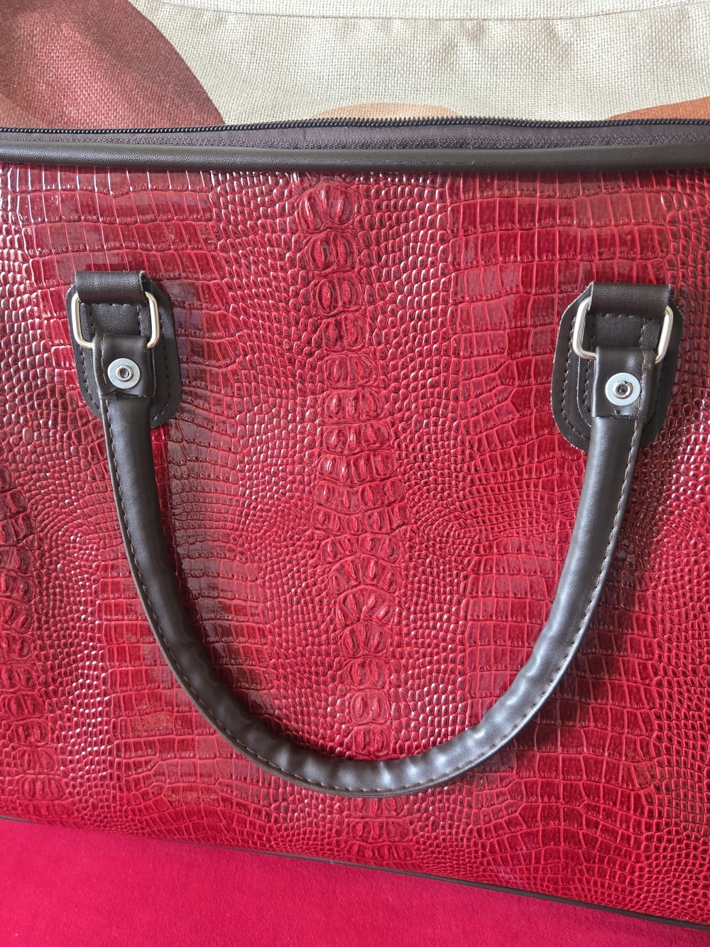Red Croc-Embossed Tote Bag with Black Handles